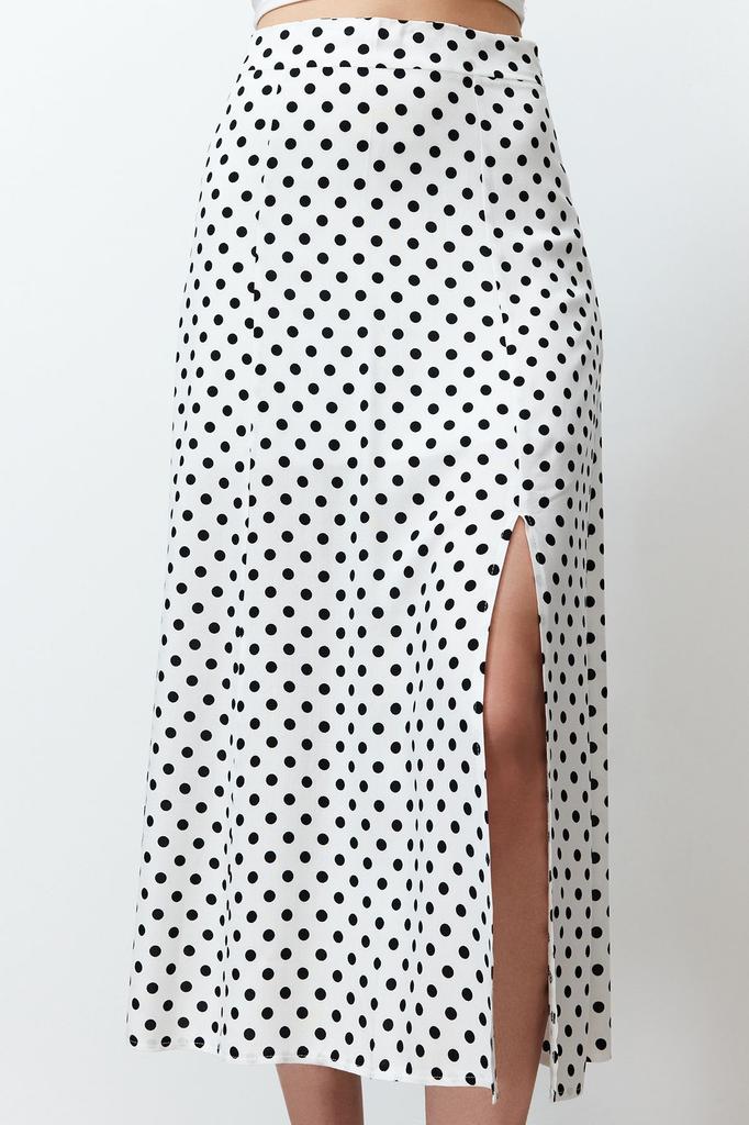 Women's Style Skirt Ecru Polka Dot Slit Detailed Viscose Midi Woven Skirt