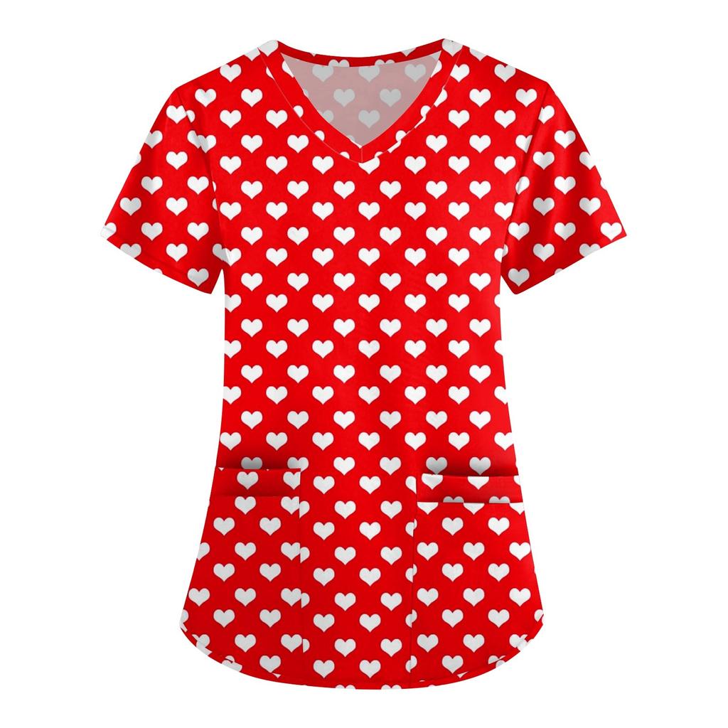 Женская симпатичная принтованная рабочая одежда с V-образным вырезом, двухслойными карманами, базовым коротким рукавом, пуловером ко Дню святого Валентина