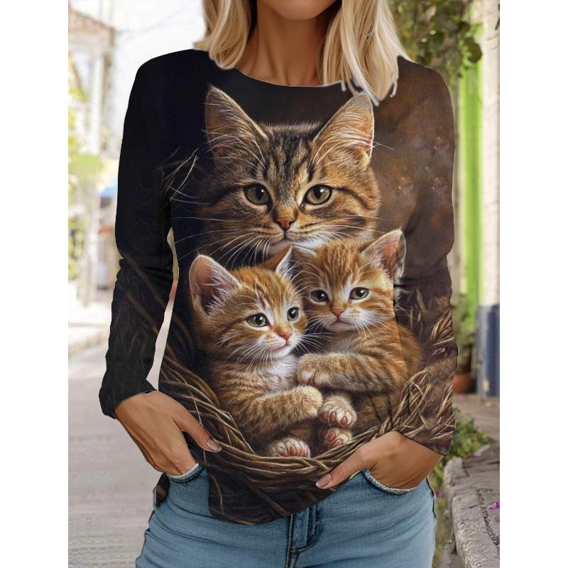 Рождественский женский круглый вырез с длинным рукавом и принтом котенка, длинный рукав, праздничный свитер с 3D-принтом, длинный рукав, весна и осень