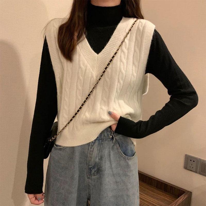 Loose V-neck Knitted Vest Women Spring Autumn and Winter Solid Color Twist All-match Waistcoat Sweater Vest