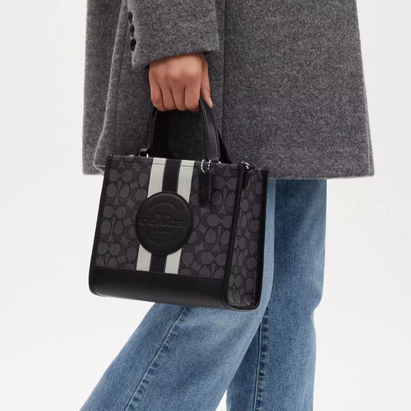 Coach Dempsey 22 Monogram Stripe Logo Decor Fabric With Leather Tote Bag Women tote Black CQ878-SVRT6