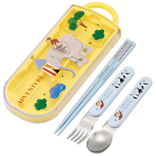 Skater Children's Lunch Box Trio Set Chopsticks Spoon Fork Kids Cutlery Antibacterial Treatment Easy To Open Sliding Type Made In Japan Curious George