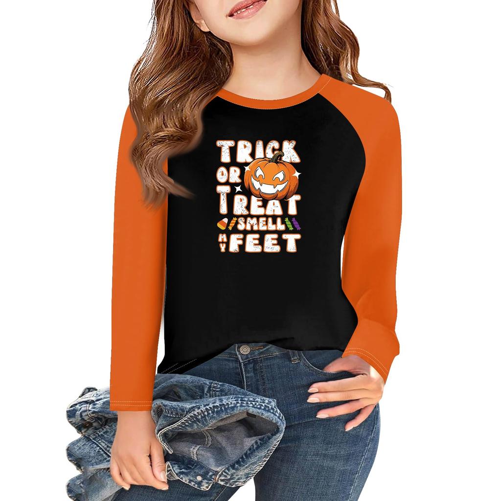 Футболки с длинным рукавом для девочек на Хэллоуин, детские осенние топы с круглым вырезом, базовые футболки 5-14 лет
