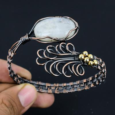 Браслет из лунного камня, Браслет из драгоценного камня ручной работы, Антикварные украшения, обернутые медной проволокой 999 пробы, Для подарка на помолвку