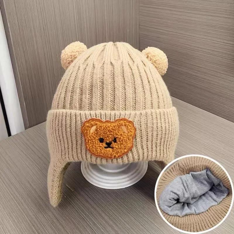 Вязаная детская шапка с ушами, милый помпон с медведем, детская шапка, теплая осенне-зимняя шапка для мальчиков и девочек, защитные шапки-чепчики