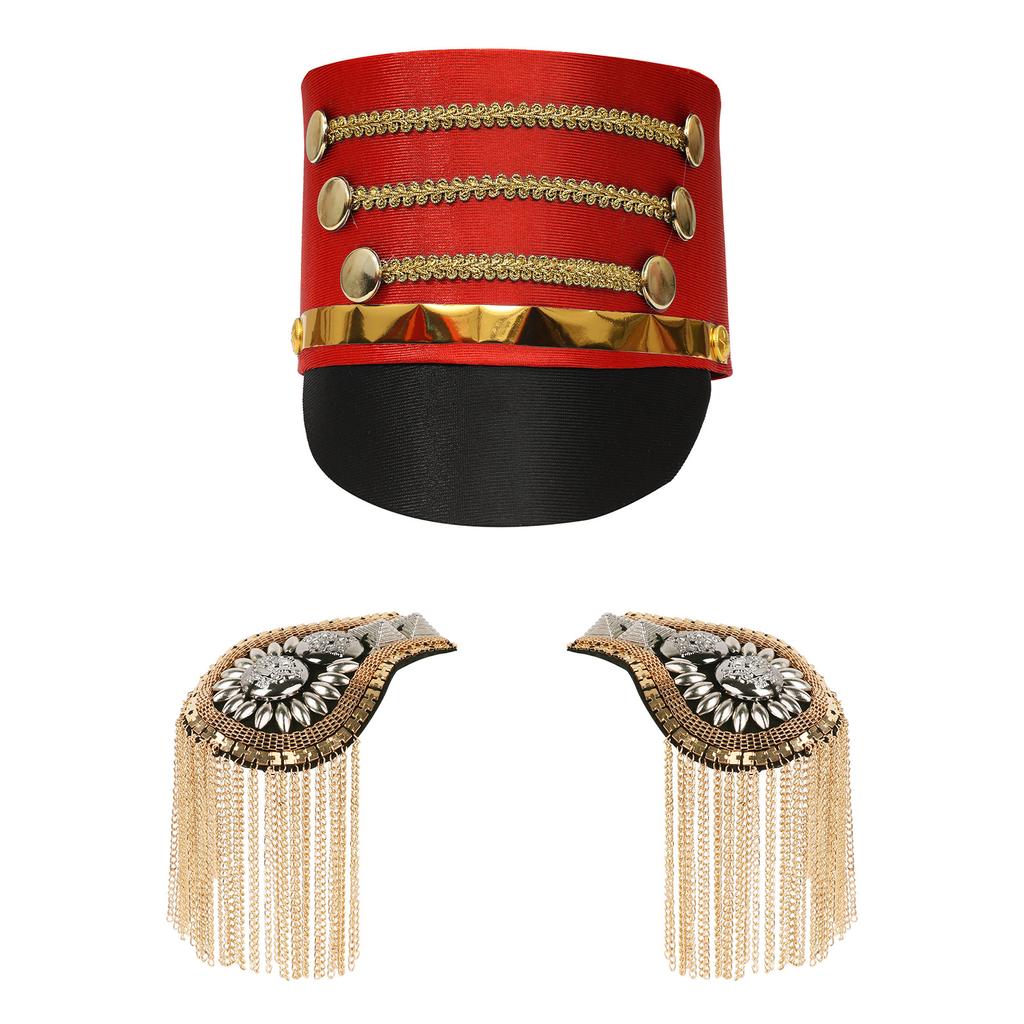 Kids Majorette Costume Accessory Set Vintage Hat with Tassel Epaulet Shoulder Boards for Halloween Cosplay