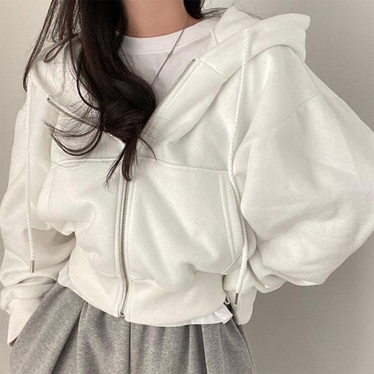 Korean Vintage Women Oversized Zip Up Hoodie Jacket Long Sleeve Harajuku Fashion Solid Color Sweatshirt Autumn Hooded