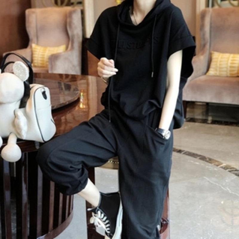 Женская спортивная одежда, стильные брюки с капюшоном + шнурок, однотонный короткий рукав, эластичный пояс, карманы для женщин, комплект из 2 предметов