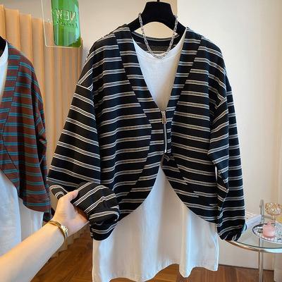 Женские большие размеры Пэчворк Оверсайз Уличная одежда Полосатая толстовка Топы из двух частей с имитацией Толстовка на молнии Харадзюку Свободные футболки