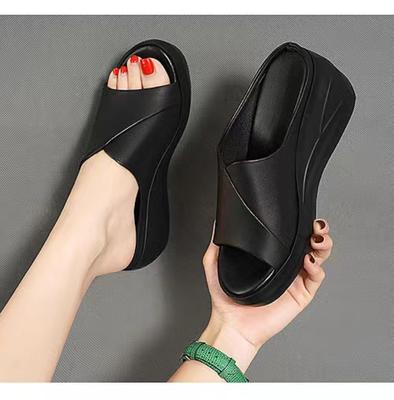 Модные летние женские босоножки 2024 года с нескользящей толстой подошвой из мягкой кожи с рисунком «рыбий рот», женские повседневные тапочки на танкетке 40