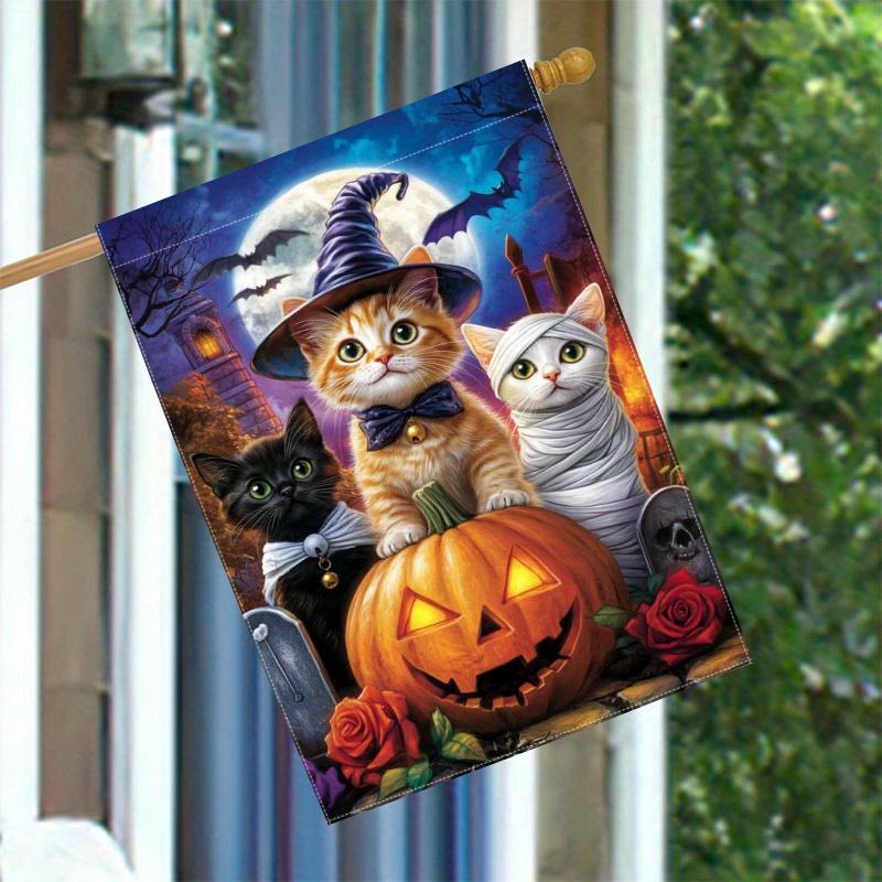 1pc, Halloween Witch Hat, Kitten, Pumpkin Lantern, and Tombstone (3) - FlagDouble-Sided Garden Flag, Courtyard Decoration, Outdoor Decoration, Lawn D