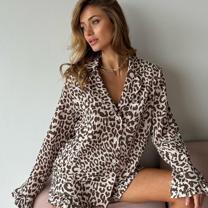 Women's New Spring and Summer Printed Loose Long-sleeved Tops, Shorts, Pajamas Suits, Pure Cotton Casual Home Clothes