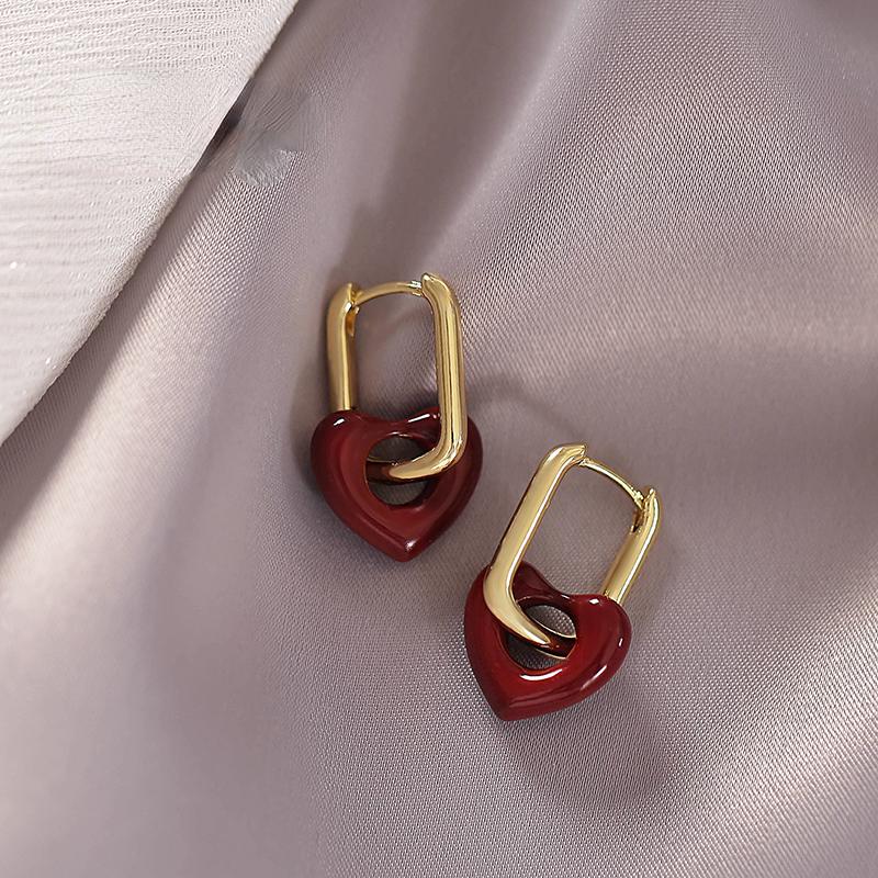 French Retro Romantic Wine Red Heart Pendant Earrings For Women Wedding Party Girls Fashion Zircon Christmas Gift Accessories