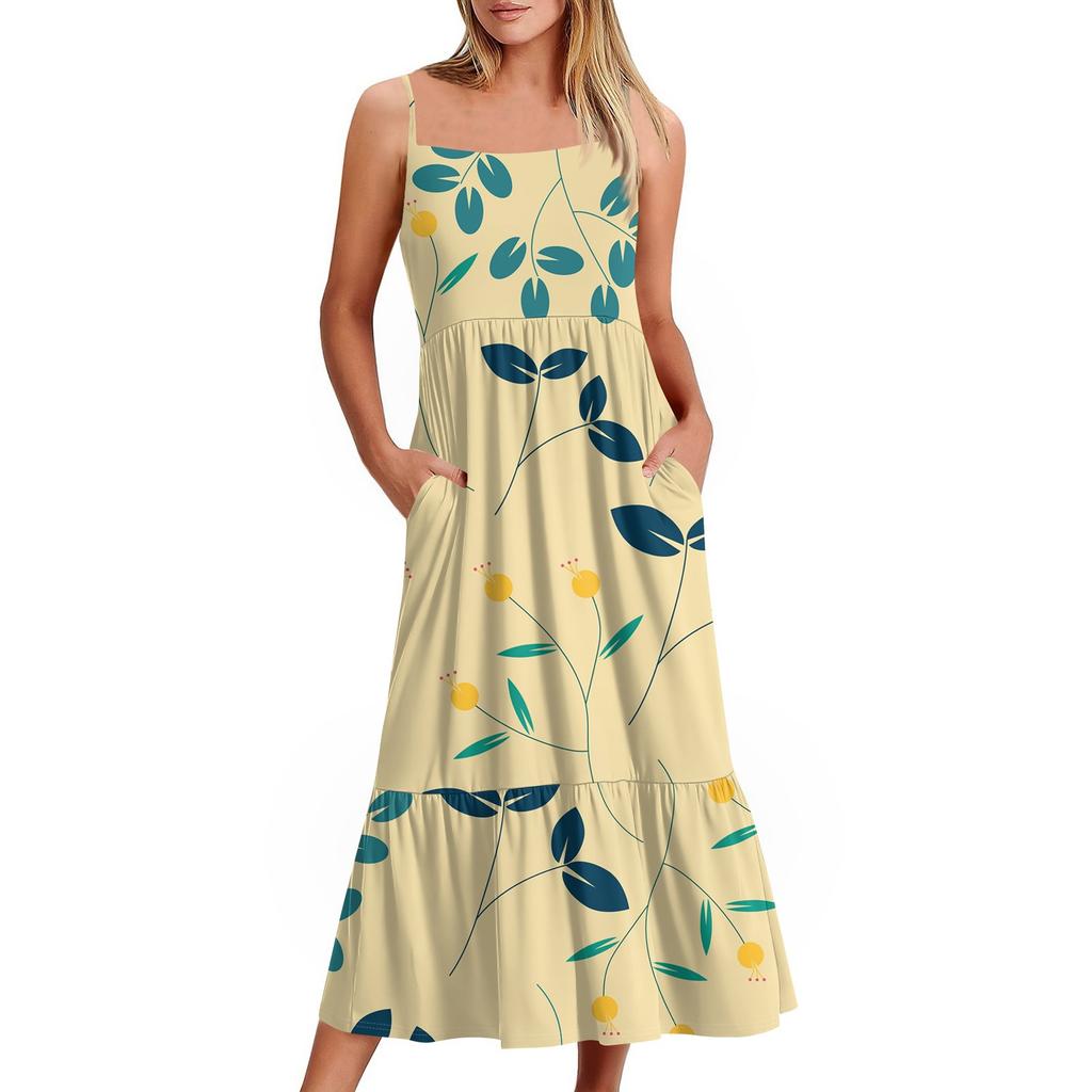Women's Long Beach Casual Elegant Spaghetti Strap Maxi Dress Floral Low-key Flowing Bohemian Dress