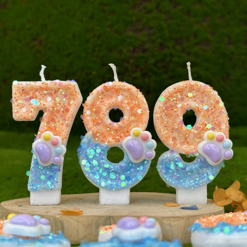 Sequin Cat Paw Dog Paw Digital Birthday Candle Cake Party Decoration First Birthday Celebration