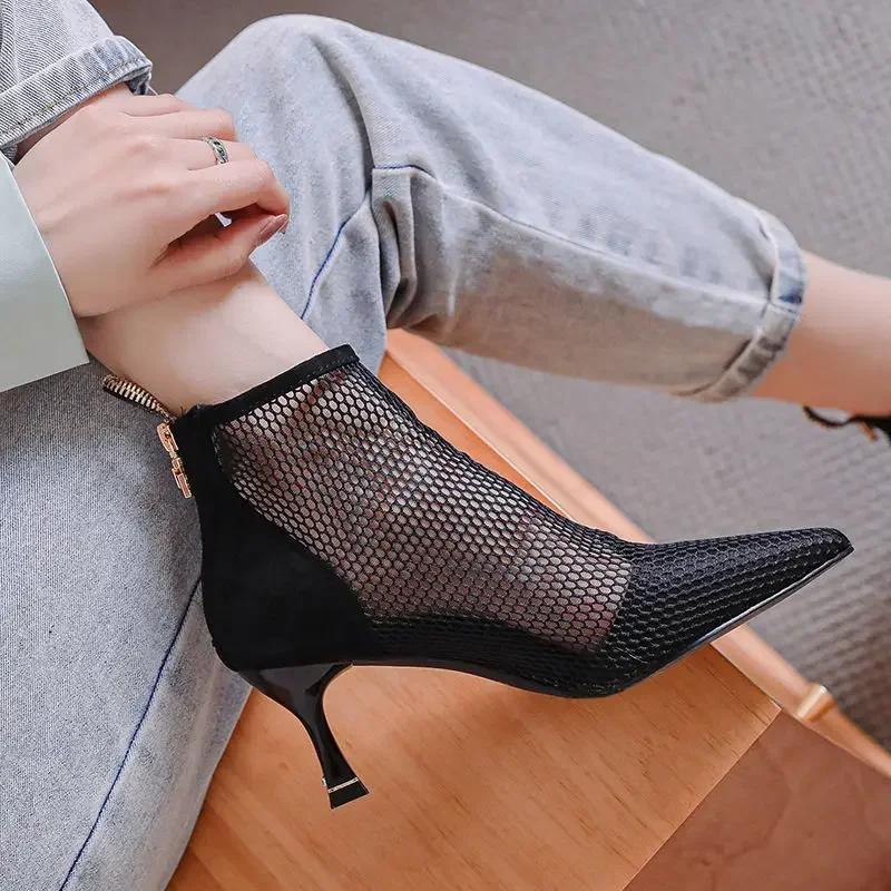 2024 Лидер продаж Новые женские сетчатые босоножки, сапоги, сексуальные летние туфли на высоком каблуке, ажурная обувь, молния сзади, острый носок