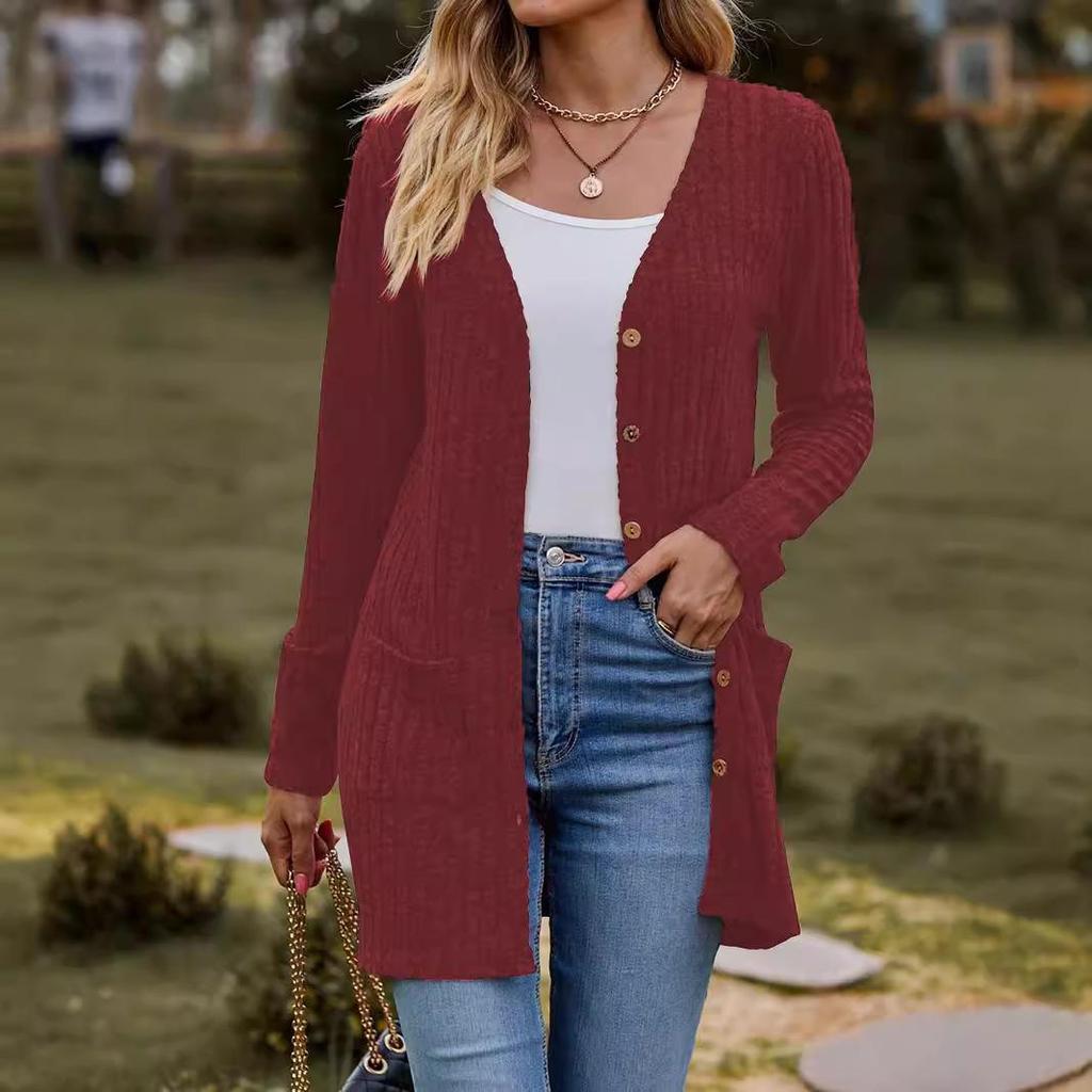 Women's  Solid Color Brushed Striped Cardigan with Buttoned Jacket Design
