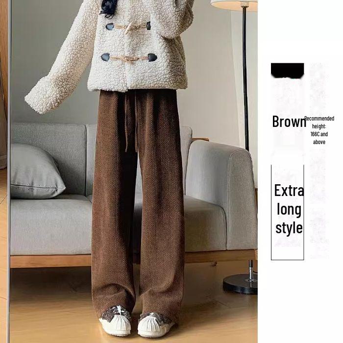 Женские широкие брюки кофейного цвета с высокой талией — универсальный вариант для весны, осени и зимы, с отделкой из бархата, свободный крой, повседневный драпированный стиль.