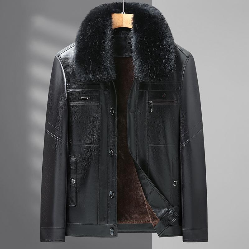 New Leather Jacket Men's Velvet Thickened Men's Fur Integrated Winter Lapel Warm Leather Jacket