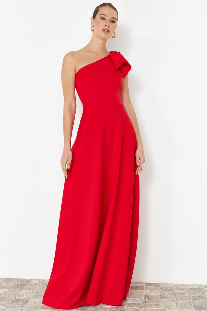 Women's Fashion New Evening Dress & Graduation Dress Black Bow One Sleeve Long Woven Evening Dress Graduation Dress