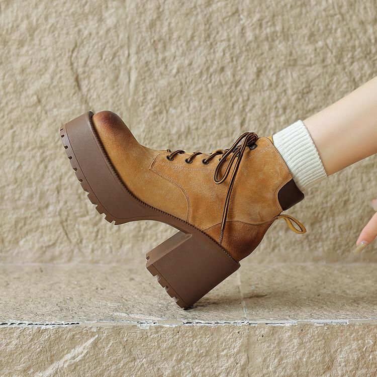 Модные Новые Зимние Женские Ботинки из Спилковой Кожи с Круглым Носком, Короткие Ботинки для Женщин, Зимние Ботинки на Высоком Каблуке, Женские Ботинки на Платформе, Женская Обувь