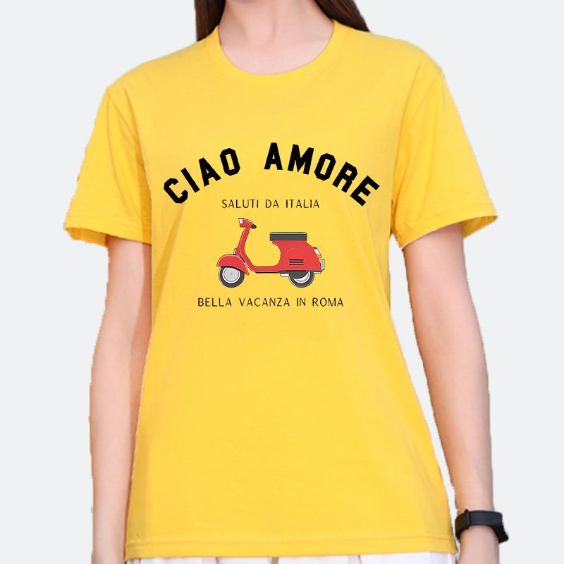 Polyester 100% Italian Graphic T-shirt - Casual Crew Neck Short Sleeve T-shirt, Polyester Knit Graphic Women Clothes Summer
