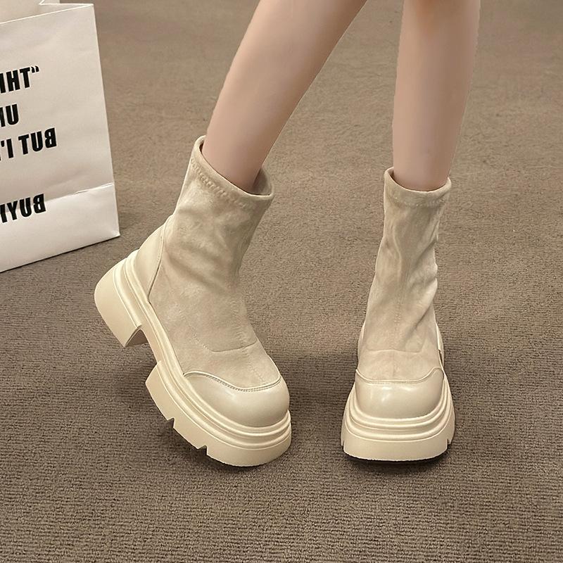 Chunky Elastic Skinny Boots Women 2024 Thick Korean Version of Thin Boots Autumn New British Muffin Short Boots