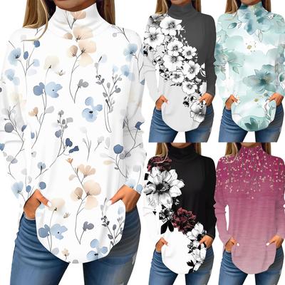 Женская модная повседневная футболка с длинным рукавом с высоким воротом и принтом, пуловер, топ