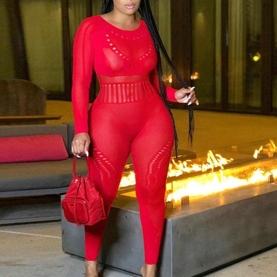 Женский комбинезон, модный ажурный дизайн, летний комбинезон с длинными рукавами, простой сексуальный однотонный женский комбинезон, летний комбинезон для женщин