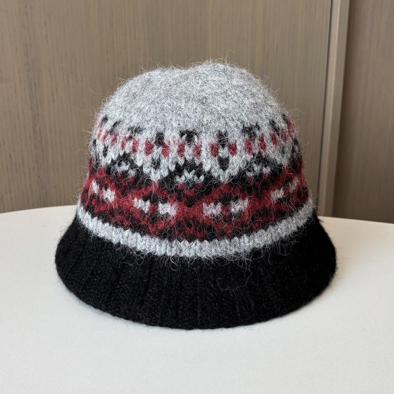 Korean Style Fair Isle Knit Bucket Hat Women Autumn Winter Thick Warm Large Head Size