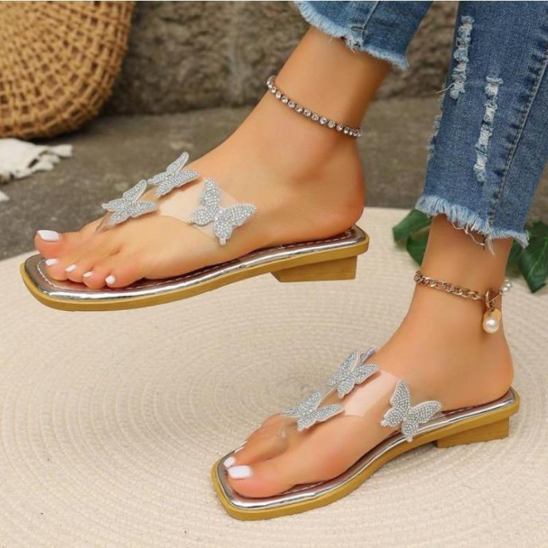 Large Size Flat Slippers Summer New Square Head Transparent Rhinestone Butterfly Sandals Light Slippers