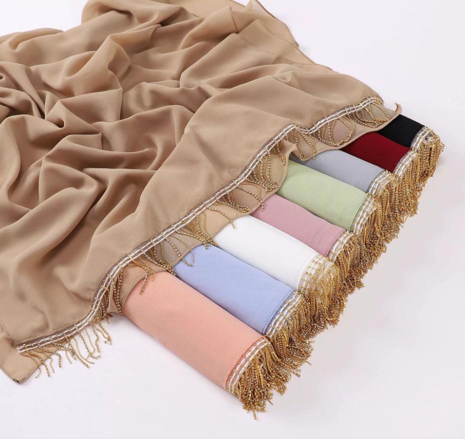 Fashion Muslim Chiffon Hijabs With Chains Diamonds Glitter Shimmer Long Shawls Headscarf Wraps Islamic Headband Turban Scarves