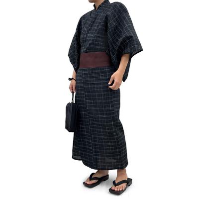 Мужской комплект юката из двух предметов Kyoto Kimono Yuzen, ткань шиджира, черный и темно-синий, с квадратным поясом оби на липучке, размеры M, L и LL (Черный, М)
