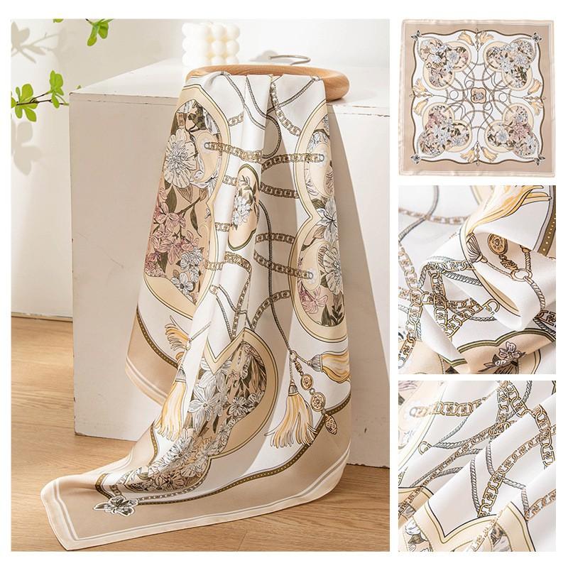 Black Coffee Leaf Print Silk Scarf 65x65cm Elegant Womens Square