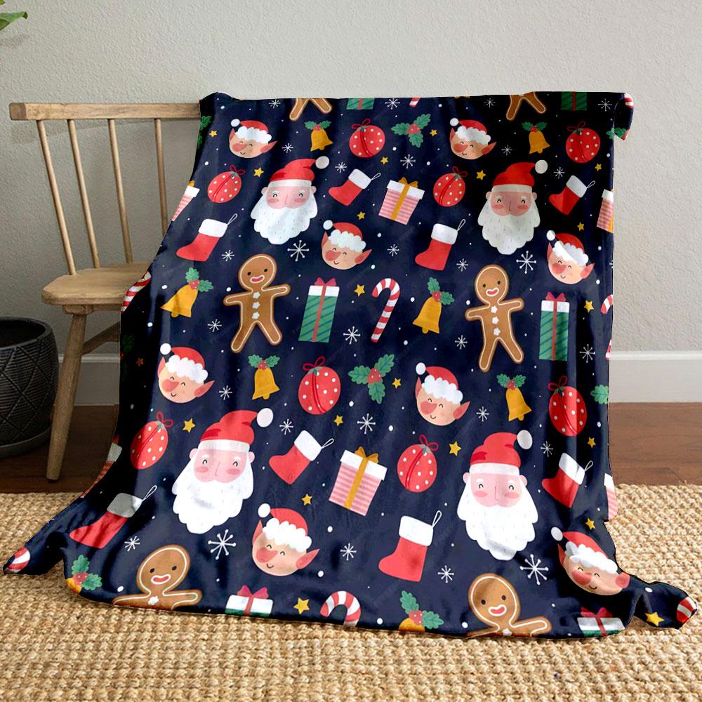 Christmas Pattern with Santa and Icons Patterned blanket, flannel, suitable for all seasons, home decor, warm and cozy