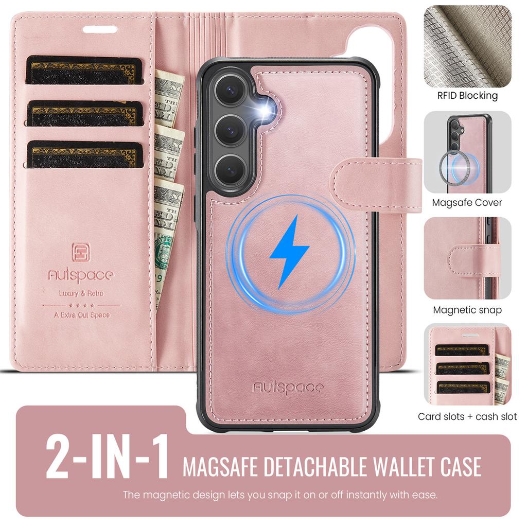 2-in-1 Magnetic Detachable Wallet Case for Samsung Galaxy S25/S25 Plus/S25 Ultra/S25 Edge - PU Leather, Card Slots, Wireless Charging, 360° Protection