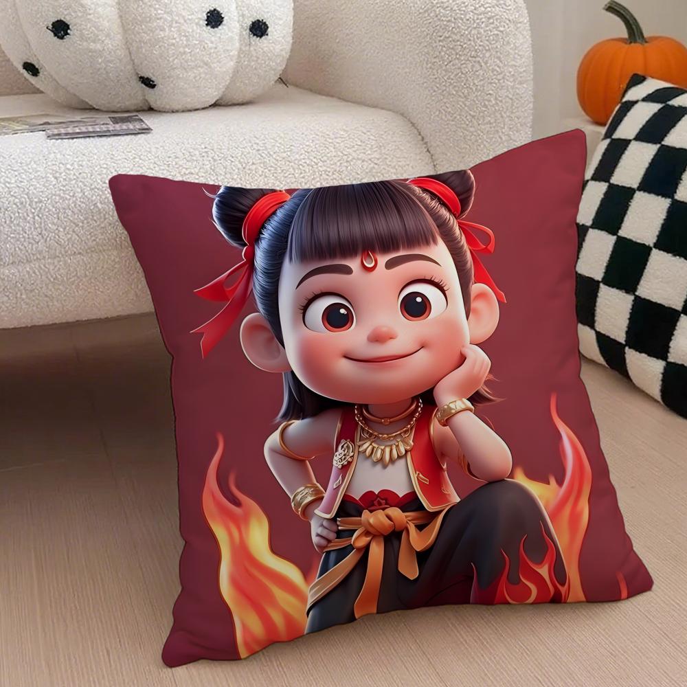 Chinese Style NNe Zha  Cushion Cover Throw Pillow Cover Hidden Button Durable Polyester Chair Cushion