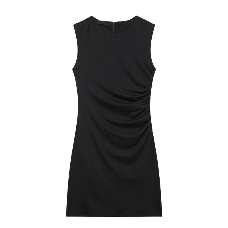 Spring New Women's Clothing French Ruched Silm Round Neck Short Sleeveless Dress 3067220 4772350