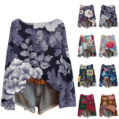 Женский легкий свитер повседневный с длинным рукавом вязаный винтажный с цветочным принтом пуловер