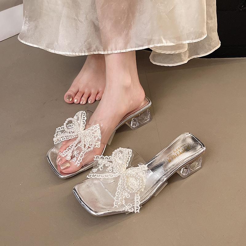 Transparent High-heeled Cool Slippers Female 2025 Summer New Fairy Wind Beaded Lace Bow Square Head Thick-heeled Sandals