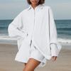 Women's Fashion Cardigan Solid Color Casual Pleated Long Sleeve Top Shorts Set