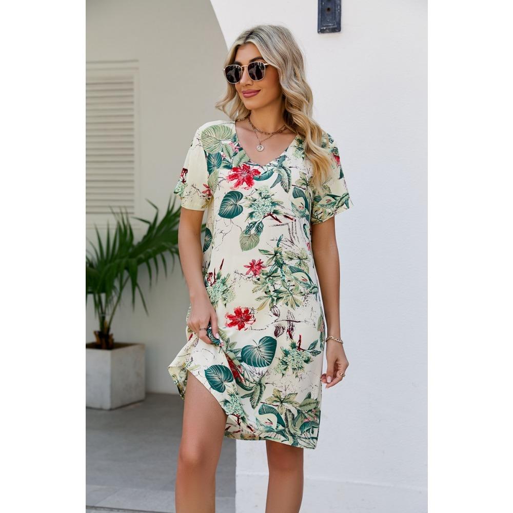 New Short-sleeved Printed Women's Round Neck Vintage Floral Ladies Dress