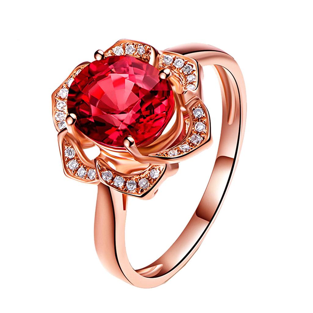 18K Rose Gold Flower Ring with Red Tourmaline and Diamond Cluster