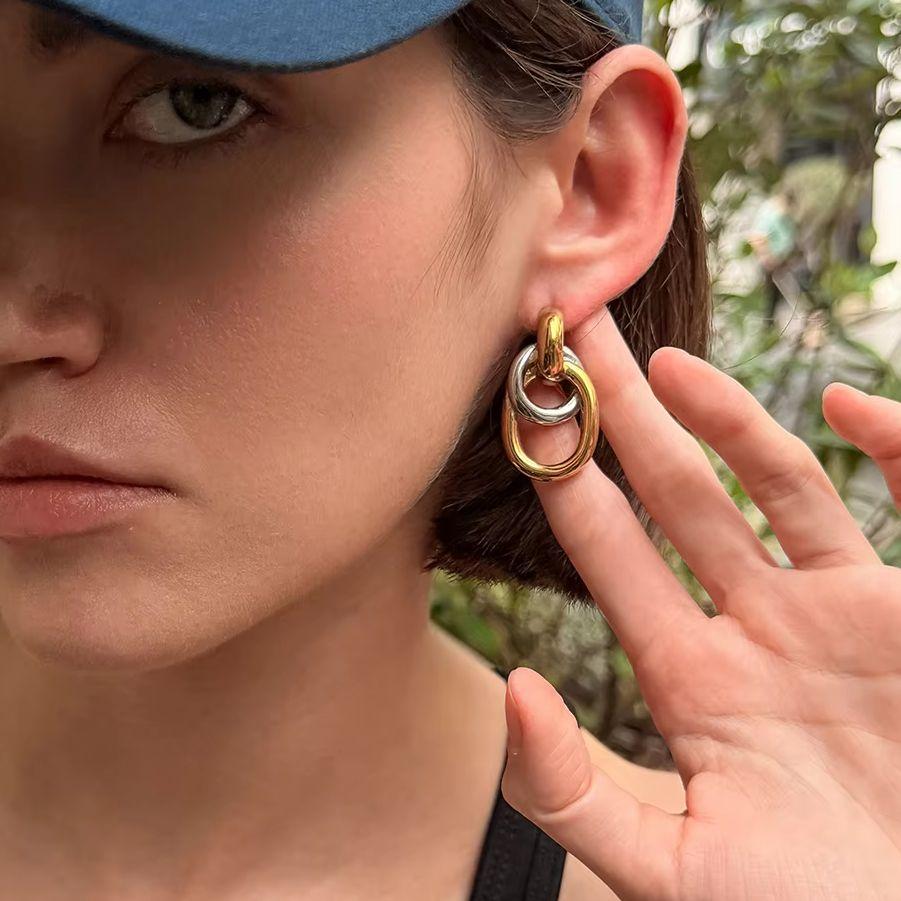 Salircon Trendy Hollow Double Ring Stainless Steel Earrings Women High Quality Waterproof Daily Piercing Ear Accessories Jewelry