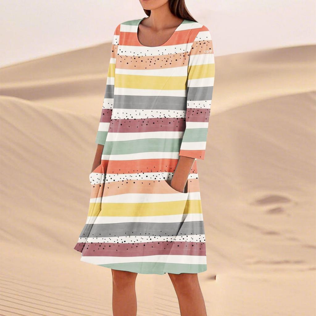 Женское однотонное модное свободное повседневное платье с рукавом три четверти Женское модное свободное повседневное платье с принтом в горошек и рукавом три четверти