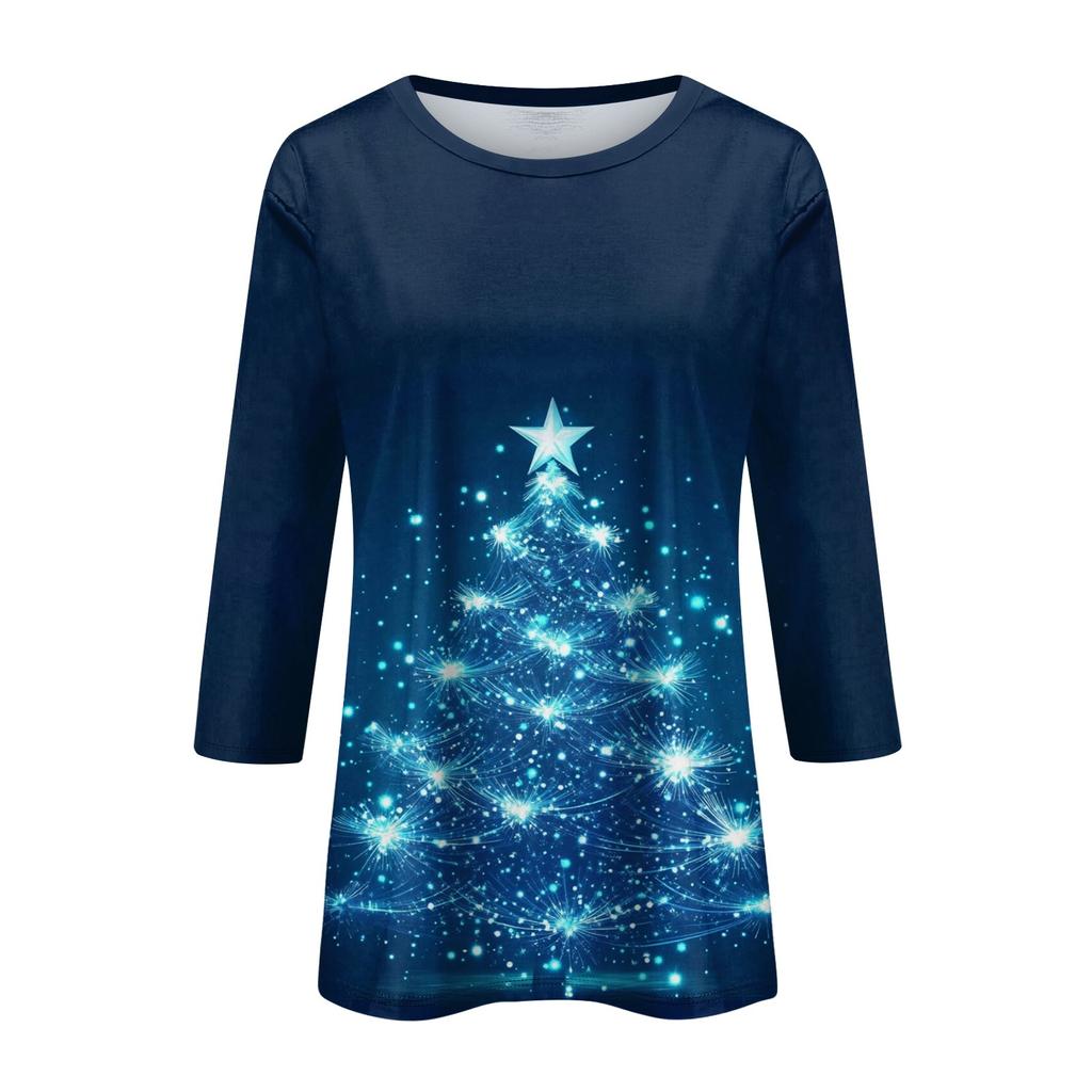 Women's O-Neck 3/4 Sleeve Christmas Print Top