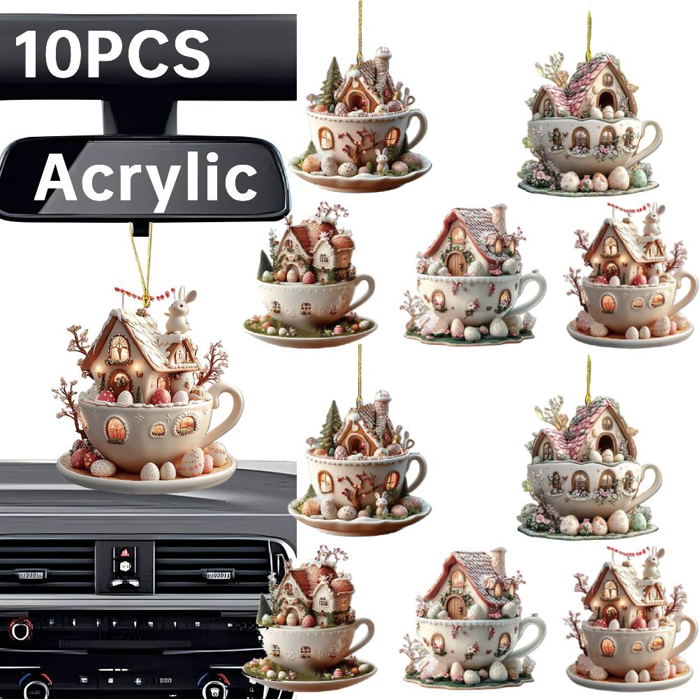10 шт. Пасхальный кролик, яйцо, домик, кофейная кружка, подвесное украшение, акриловый 2D плоский набор декоративных подвесок для кофейной чашки для пасхальной вечеринки 2025 года
