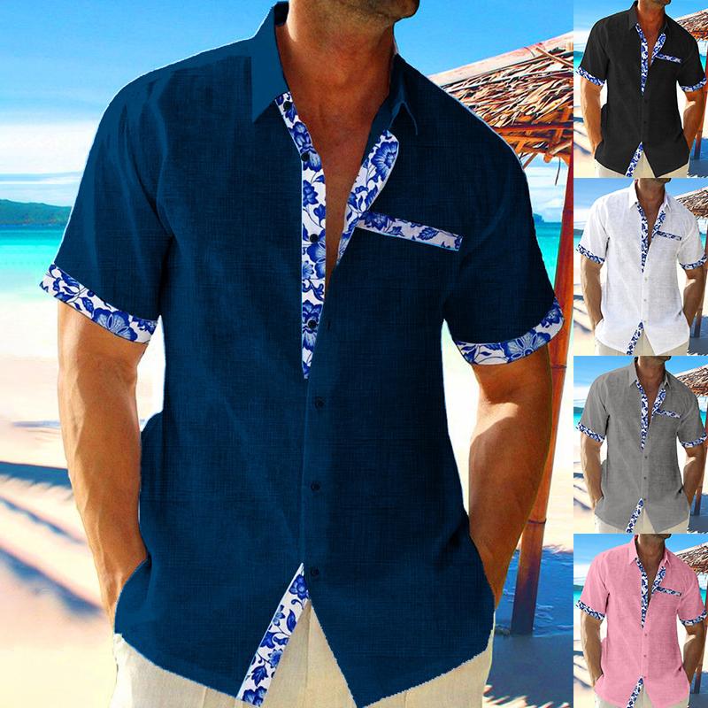 Модная мужская летняя рубашка с коротким рукавом и принтом, плюс размер, карманный гавайский пляжный топ