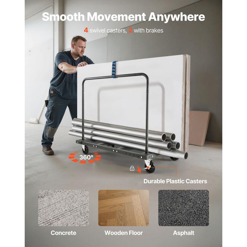 SucceBuy 1800Lbs Drywall Panel Dolly Steel Truck Cart with 5in Swivel Casters & Tie-Down Strap Lumber Cart for Factory Warehouse