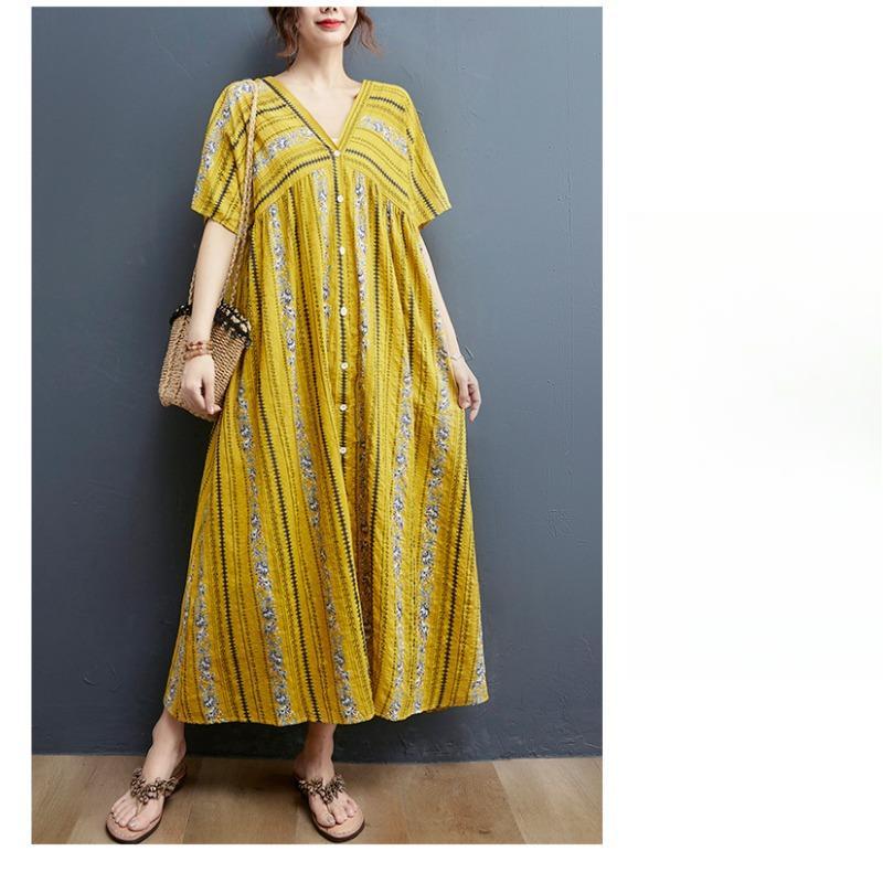 Летняя юбка длиной до колена с принтом для женщин больших размеров, литературное свободное платье с V-образным вырезом